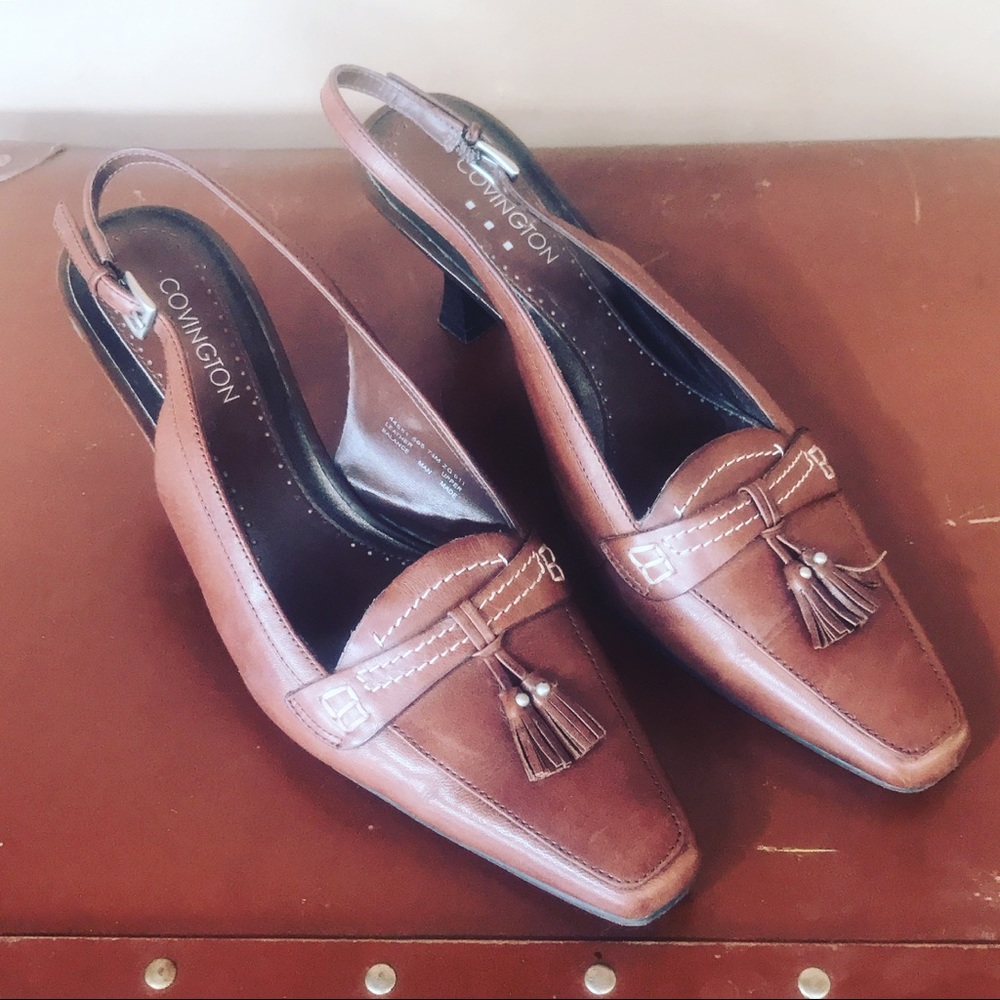 CovingtonTESSA brown pointy toe tassel heels 7.5